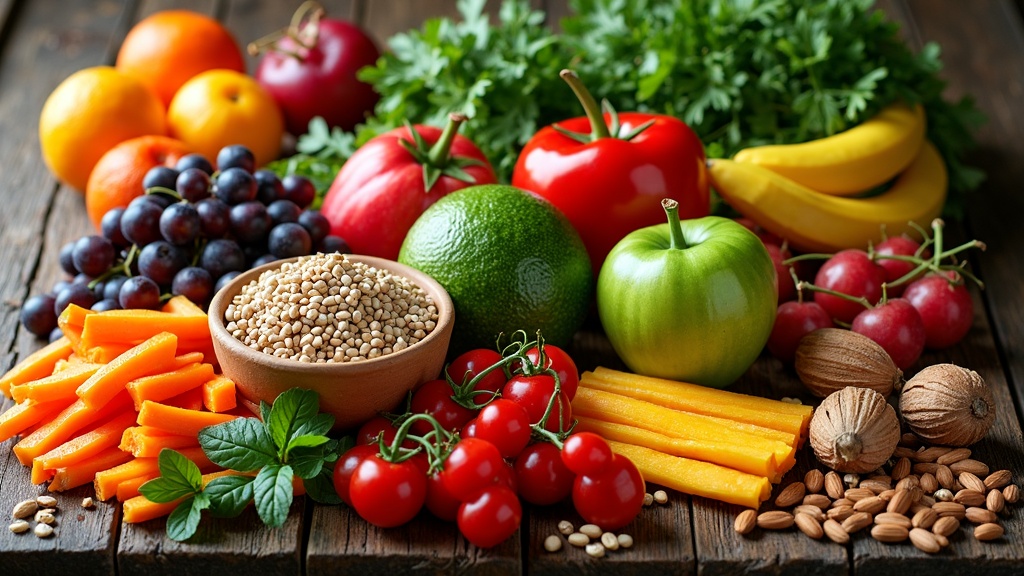 A vibrant, colorful spread of various raw fruits, vegetables, nuts, and seeds on a rustic table.
