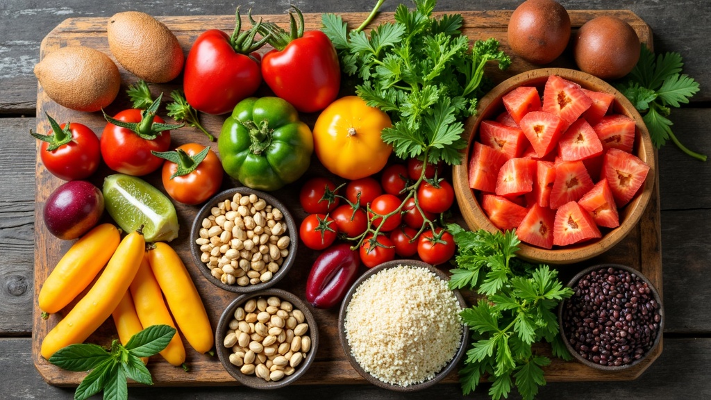 A vibrant spread of raw vegan foods like fresh fruits, veggies, nuts, and seeds arranged on a rustic wooden table
